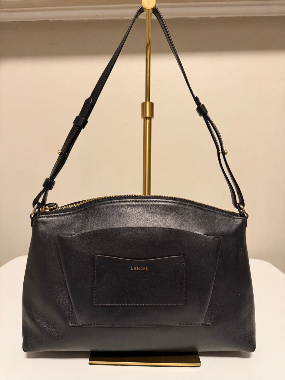 Lancel Paris Genuine Leather Shoulder Bag In Black With Pocket